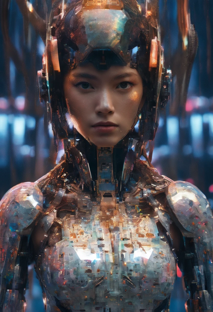 (female Protogen),cyberpunk,mechanical,glowing eyes,metallic surface,digital display,advanced technology,futuristic,neon lights,electromagnetic field,sharp edges,streamlined design,digital organism,biomechanical,mysterious atmosphere,glass visor,enhanced senses,energetic pose,invisible circuits,holographic projections,colorful wires,female cyborg