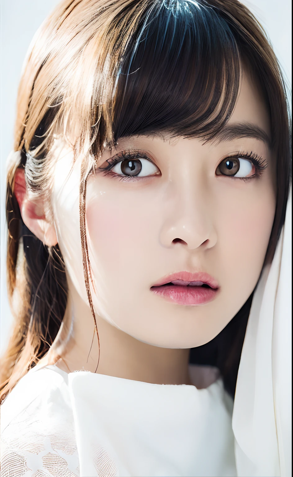masutepiece, Best Quality, Illustration, Ultra-detailed, finely detail, hight resolution, 8K Wallpaper, Perfect dynamic composition, blazing, no make-up face, Clarity Skin, Beautiful detailed eyes, White cloth, Sexy face, (Open mouth:0.8), Dazzling white light background