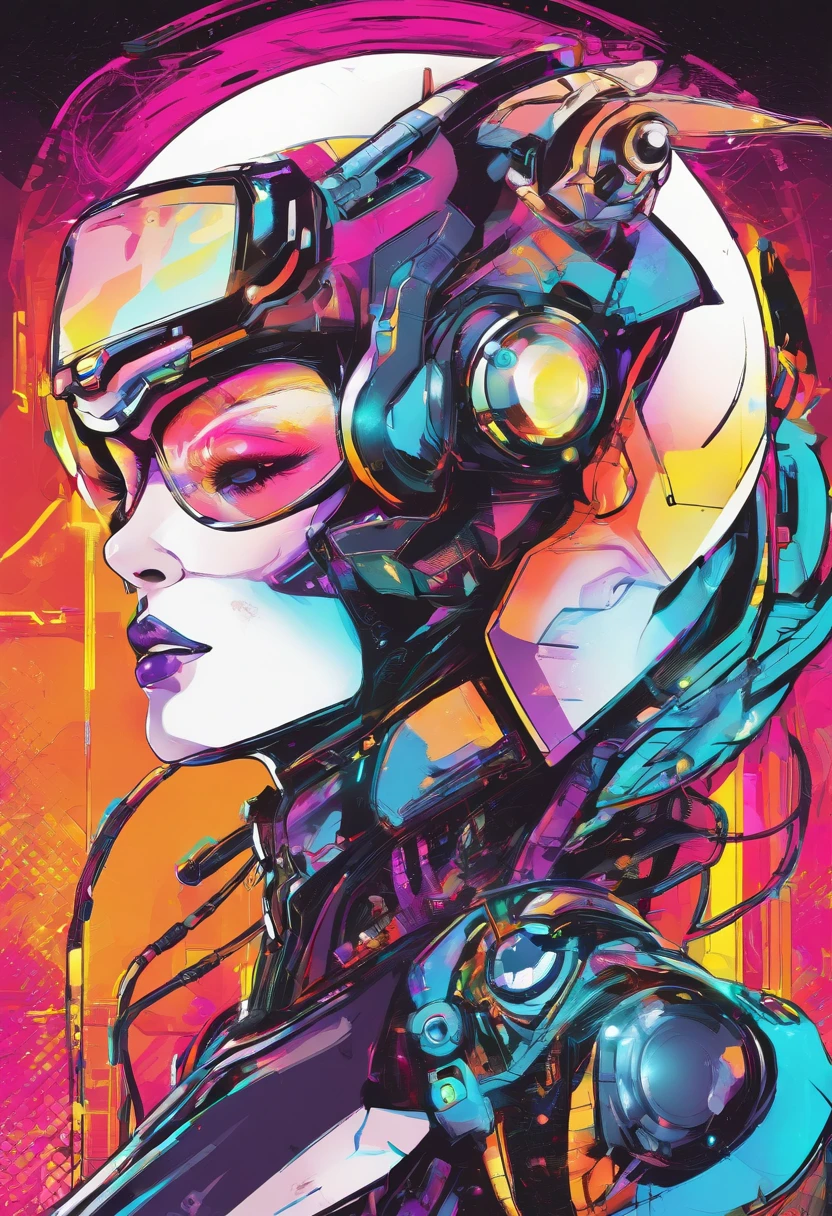 (female Protogen),cyberpunk,mechanical,glowing eyes,metallic surface,digital display,advanced technology,futuristic,neon lights,electromagnetic field,sharp edges,streamlined design,digital organism,biomechanical,mysterious atmosphere,glass visor,enhanced senses,energetic pose,invisible circuits,holographic projections,colorful wires,female cyborg
