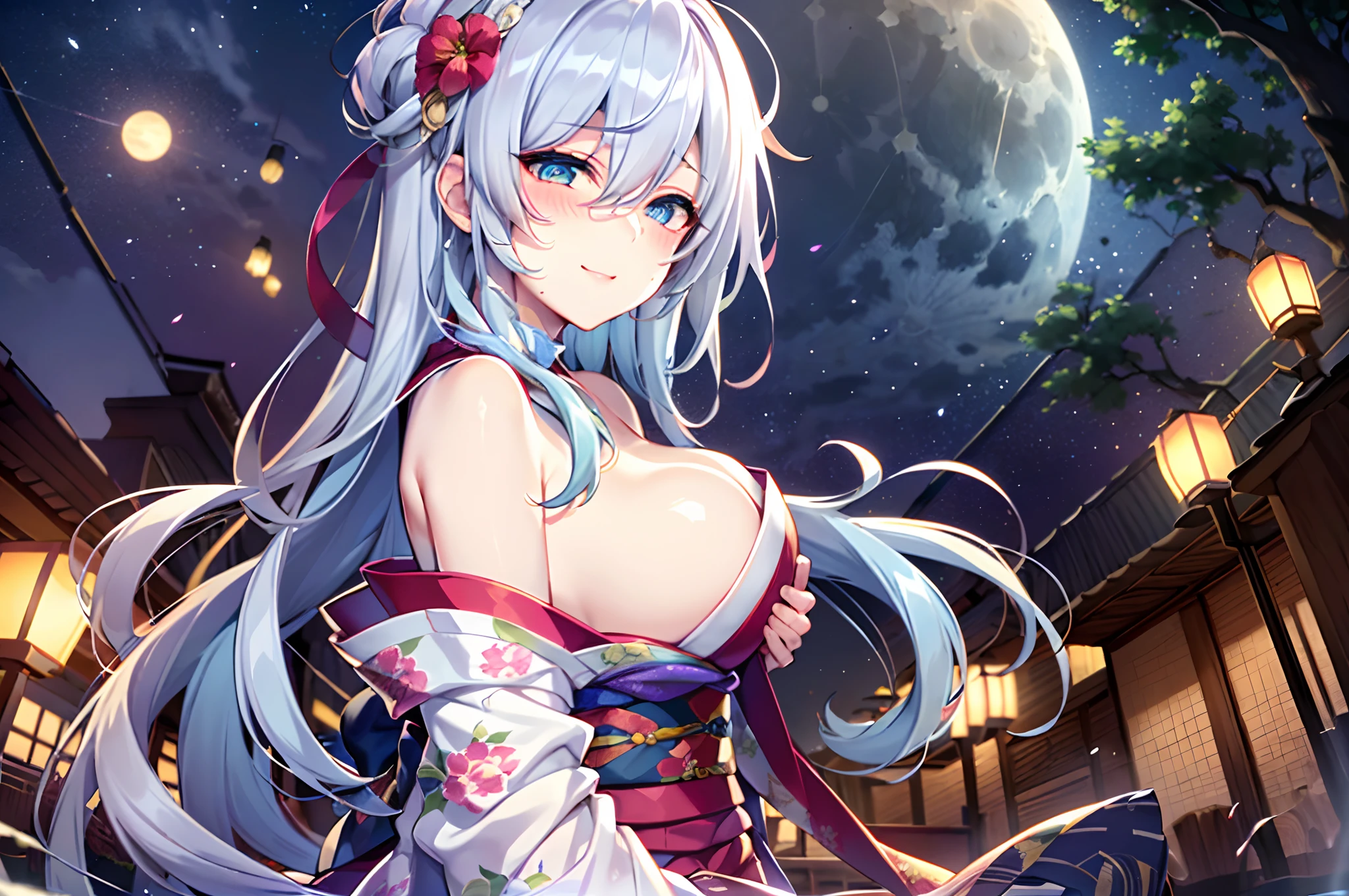 adult lady,Huge breasts, a moon, paper lanterns, natta, 独奏,, hair adornments, Kimono, Komono, playing in the water, Eau, Hair Flowers, florals, plein air, Skysky, fullmoon, Sateen, A dark-haired, off shoulders, mont, clouds, Hugged, sash, bare shoulders, paper lanterns, is standing, White kimono, nigh sky, sideboob barbosa, Obi, bangss, The tree, From Side, Reflectors, shorth hair, cloudy ash sky, wetting hair (((masterpiece),(the Extremely Detailed CG Unity 8K Wallpapers)、top-quality、电影灯光、细致背景、beatiful detailed eyes、Bright pupils、(extremely delicate and beautiful)、(Beautiful and detailed eyes description)、ultra-detailliert、masterpiece、((lightsmile、(Drunken eyes,コック痴女,red blush))),