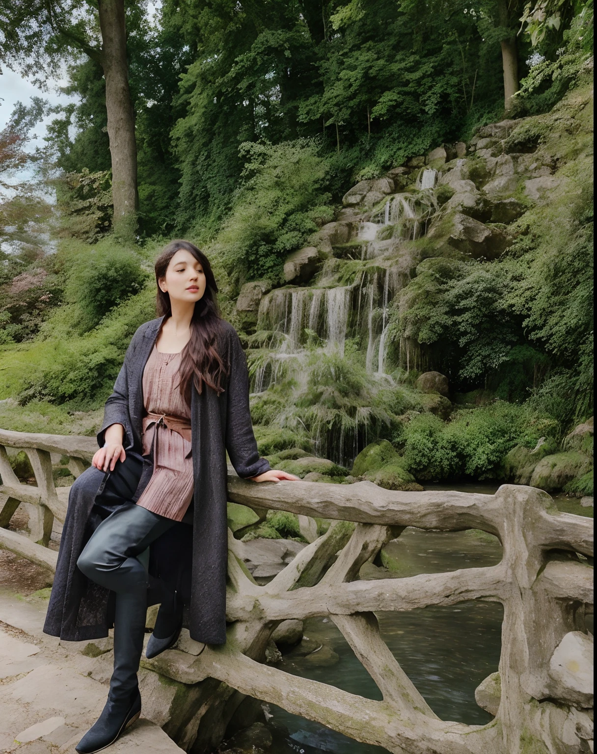 Woman sitting on a tree branch in a park with a waterfall, dans un parc, Dans un parc de la ville, prise en 2 0 2 0, debout dans un jardin botanique, dans le parc, Ancient garden behind it, Photo prise en 2 0 2 0, with a park in the background, devant un fond forestier, Sentir la nature, dans un parc