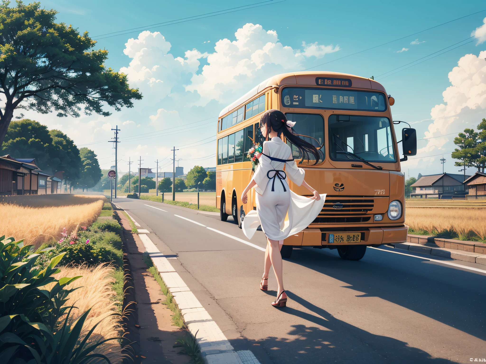 Local buses on the street,(1 car from behind:1.2),Run away,Woman in white dress,(Full body back view;1.3),1人,Anime style.Shinkai Seikaze's painting,longshot,rice fields,Paved roads,daytime,suns,Waterways,frombelow,the panorama,high-level image quality,hightquality,Best Vaginal,perfect hand,Sparse Japan houses,Sight height 1 meter