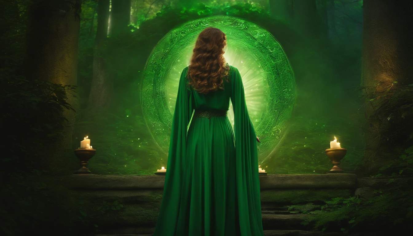 A powerful spell,Create a magical protective barrier, A woman uses green magic to summon a perfect magical shield,Perfeito para mundos de fantasia.