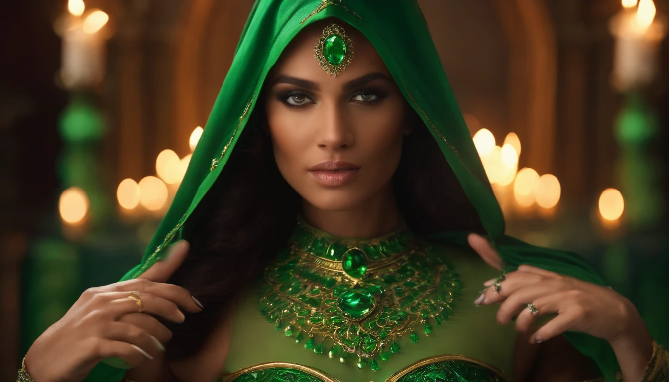 A powerful spell,Create a magical protective barrier, A woman uses green magic to summon a perfect magical shield,Perfeito para mundos de fantasia.