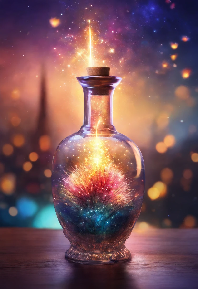 ((fireworks)), a glass vase with a firework inside of it, a picture by Adam Marczyński, pixabay, digital art, galaxy in a bottle, intricate sparkling atmosphere, magical particles, vial of stars, glass and lights, beautiful intricate glass bottle, new years eve, sparks and liquid fire, magic particles, glowing jar, magical potions