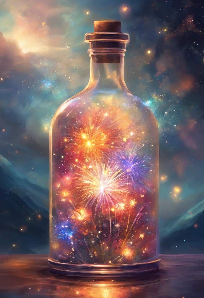 ((fireworks)), a glass vase with a firework inside of it, galaxy in a bottle, intricate sparkling atmosphere, magical particles, vial of stars, glass and lights, beautiful intricate glass bottle, new years eve, sparks and liquid fire, magic particles, glowing jar, magical potions, magic particles in the air, lightning in a bottle, sparkles in the air