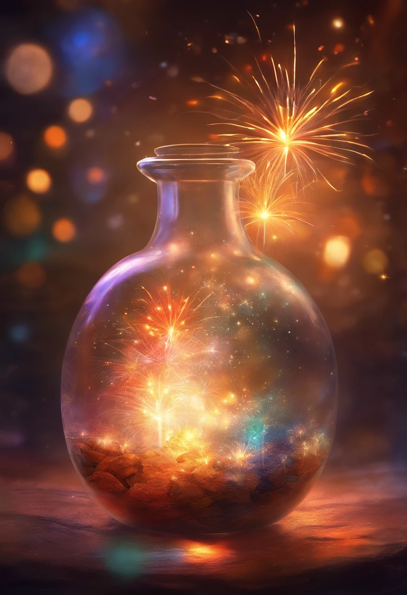 ((fireworks)), a glass vase with a firework inside of it, galaxy in a bottle, intricate sparkling atmosphere, magical particles, vial of stars, glass and lights, beautiful intricate glass bottle, new years eve, sparks and liquid fire, magic particles, glowing jar, magical potions, magic particles in the air, lightning in a bottle, sparkles in the air
