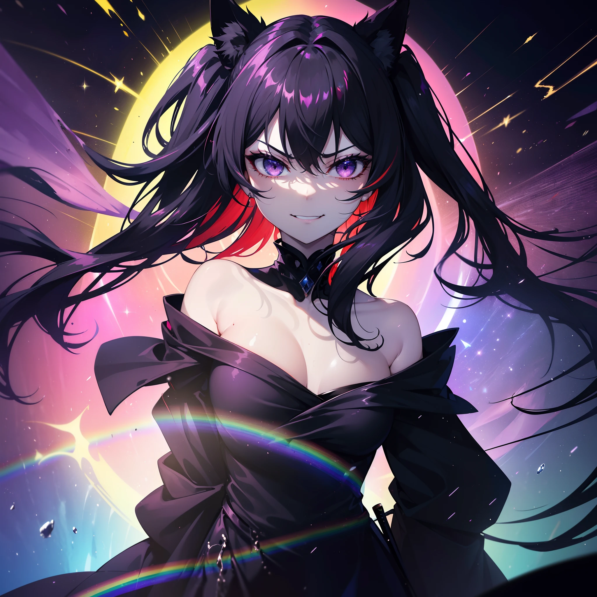 (Face Focus:1.3) (Rainbow Background:1.3),(angry,Bullish smile:1.3) (close up of face:0.7), a woman with black robe, A vortex of light enveloped her, Canon 5D, 85 mm, depth of fields, 8K, ultra sharpness, nffsw, octane, Unreal, Dramatic light, Global Illumination,Motion Picture Film,rainbow,lensflare,Highly detailed,(Dark Wave Art:1.3),(Fantasia:1.3),(Agfacolor:1.3),(close portrait:1.3),(Feminine:1.4),(Beautiful:1.4),(Attractive:1.3),Move an angle,perfectly detailed eyes,Themed Background,hair messy,Cat's ears,black twin-tails,Sword of the Demon King,Flame Magic