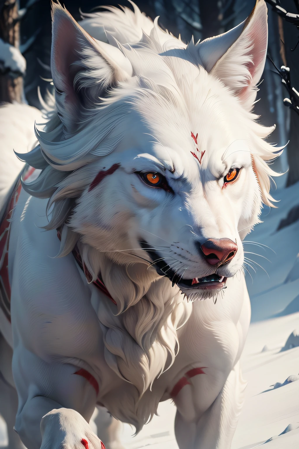 (best quality,4k,8k,highres,masterpiece:1.2),ultra-detailed,(realistic,photorealistic,photo-realistic:1.37),white wolf with red eyes standing powerfully,illustration,detailed fur,sharp focus,natural lighting,vivid colors,wildlife,animal portrait,contrast,highly detailed eyes,aggressive stance,snowy background,imposing presence,ferocious appearance,canine,fierce expression,dark hues,dominance