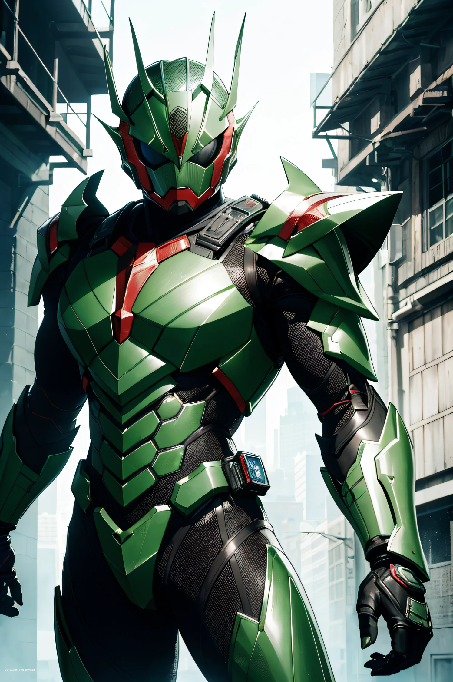 1 kamen rider, armor, mechanical, male, full armor, grasshopper, superhero, muscular, heavy metal, mechanical marvel, guardian, green, dark hero, anti hero, violent, bloody, absurdres, high resolution, ultrasharp, 8k, masterpiece