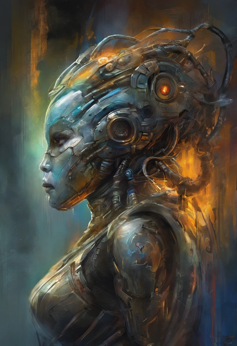 (female Protogen),cyberpunk,mechanical,glowing eyes,metallic surface,digital display,advanced technology,futuristic,neon lights,electromagnetic field,sharp edges,streamlined design,digital organism,biomechanical,mysterious atmosphere,glass visor,enhanced senses,energetic pose,invisible circuits,holographic projections,colorful wires,female cyborg