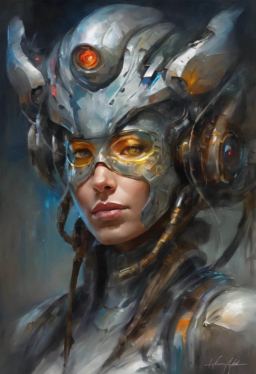 (female Protogen),cyberpunk,mechanical,glowing eyes,metallic surface,digital display,advanced technology,futuristic,neon lights,electromagnetic field,sharp edges,streamlined design,digital organism,biomechanical,mysterious atmosphere,glass visor,enhanced senses,energetic pose,invisible circuits,holographic projections,colorful wires,female cyborg