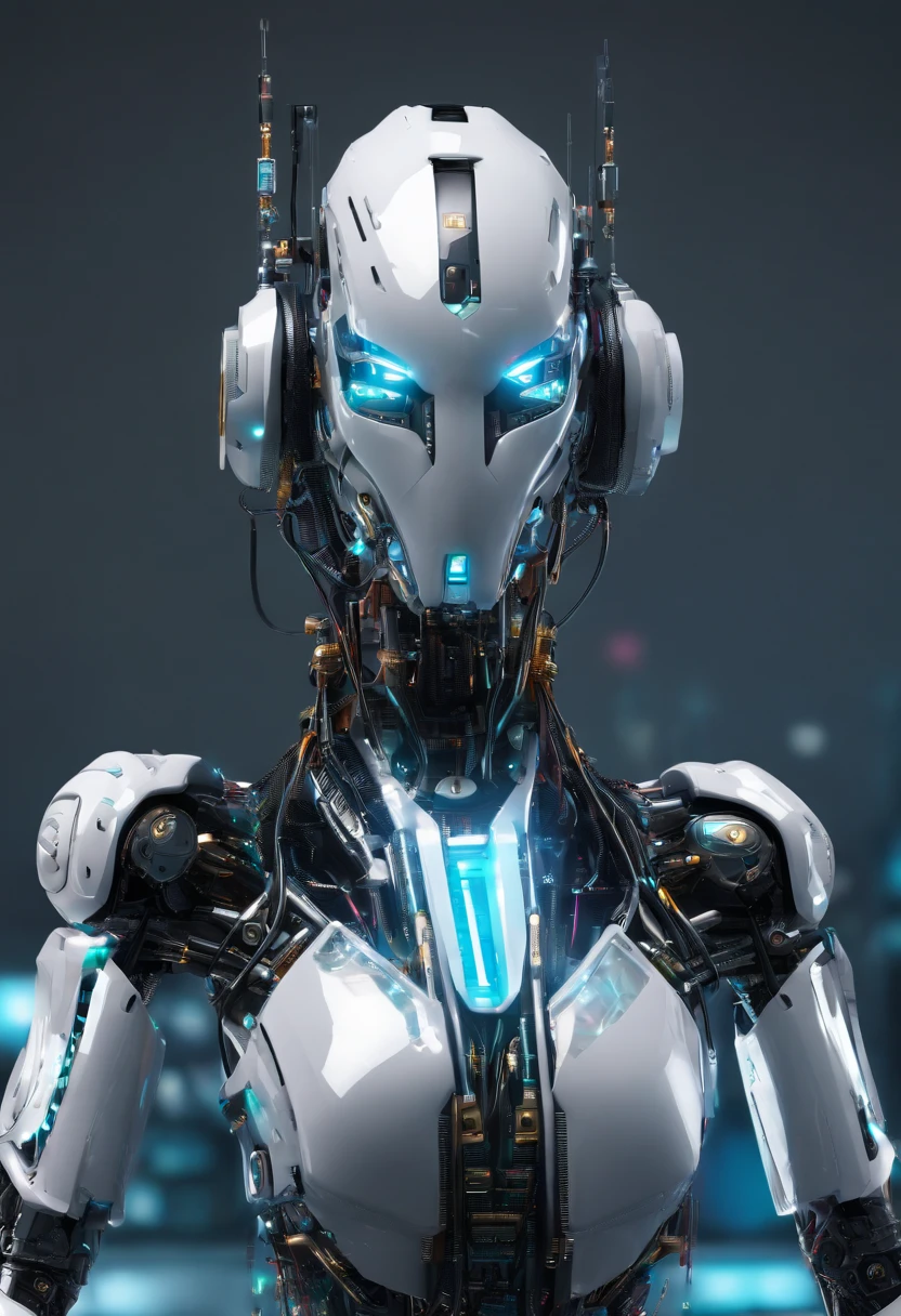 (female Protogen),cyberpunk,mechanical,glowing eyes,metallic surface,digital display,advanced technology,futuristic,neon lights,electromagnetic field,sharp edges,streamlined design,digital organism,biomechanical,mysterious atmosphere,glass visor,enhanced senses,energetic pose,invisible circuits,holographic projections,colorful wires,female cyborg