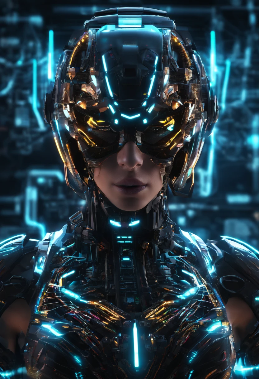 (female Protogen),cyberpunk,mechanical,glowing eyes,metallic surface,digital display,advanced technology,futuristic,neon lights,electromagnetic field,sharp edges,streamlined design,digital organism,biomechanical,mysterious atmosphere,glass visor,enhanced senses,energetic pose,invisible circuits,holographic projections,colorful wires,female cyborg