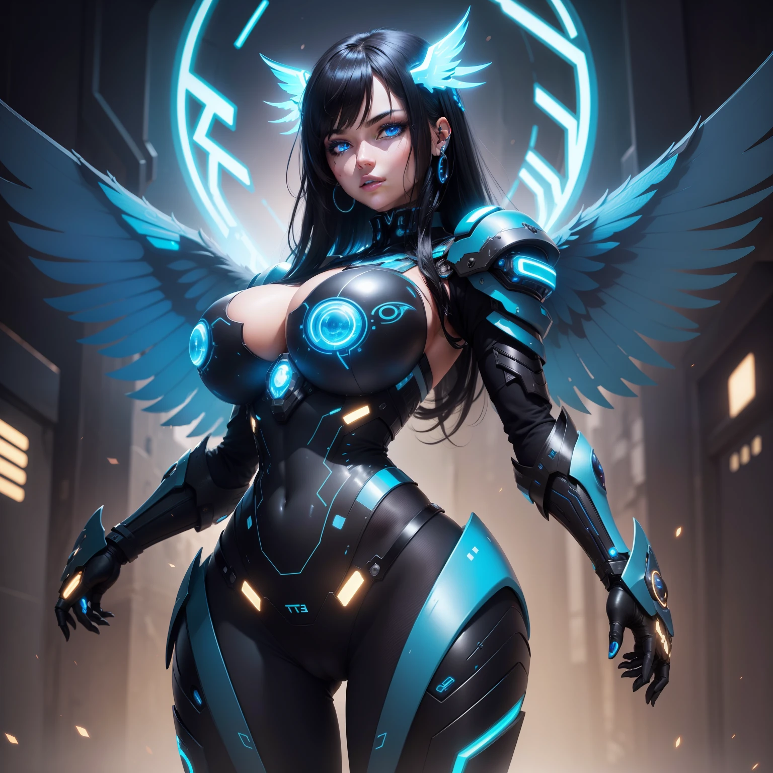 The most beautiful futuristic girl, black hair, blue eyes, detailed mechanical armor, mechanical wings, glowing neon halo, huge tits exposed, tattoos and piercings, high quality, high resolution