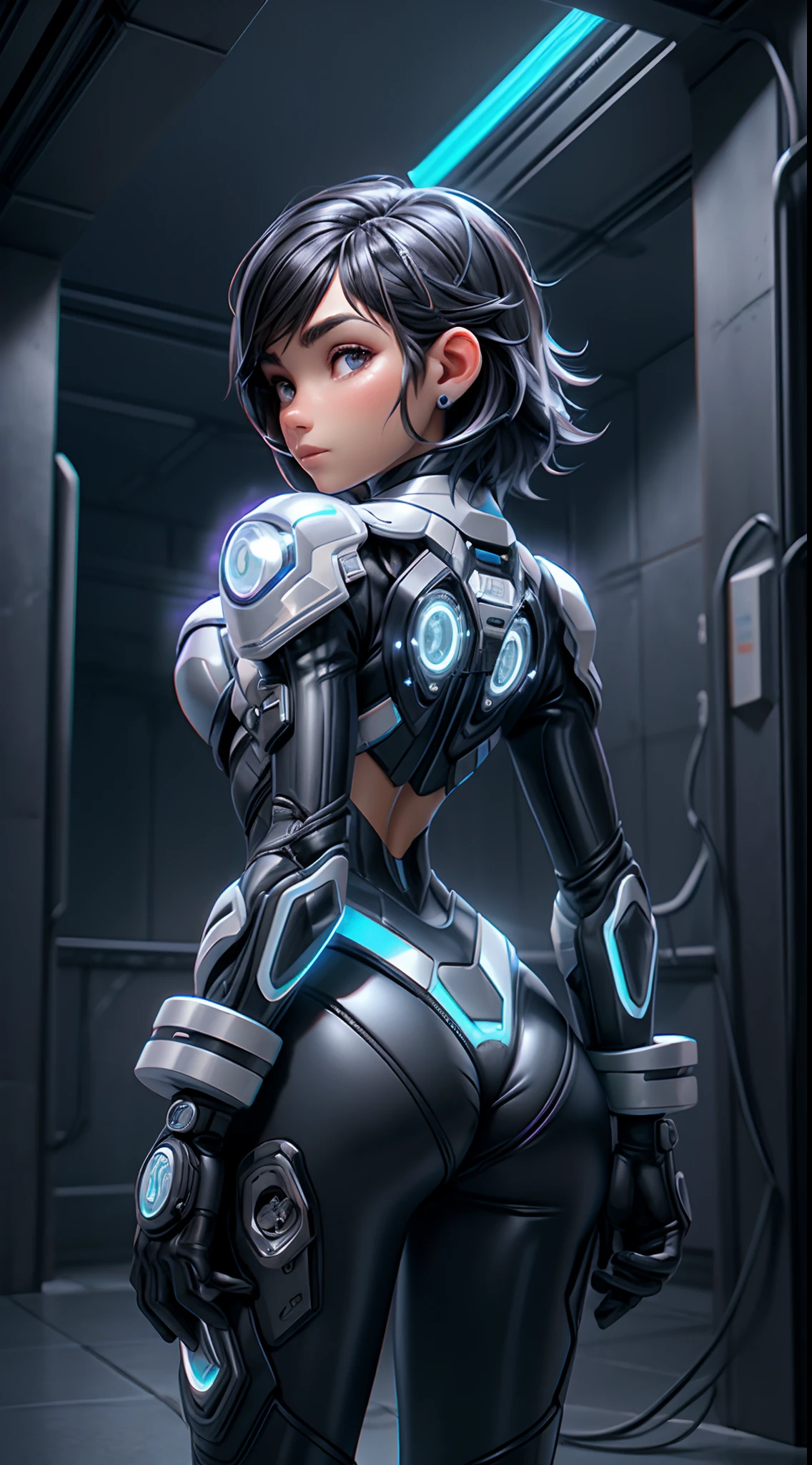 motor irreal:1.4,UHD,La mejor calidad:1.4, fotorrealista:1.4, textura de la piel:1.4, obra maestra:1.8,posing from behind Hermosa mujer,(Protogen hembra),cyberpunk,mechanic,ojos brillantes,metallic surface,Pantalla digital,advanced technology,futuristic,Neon lights,electromagnetic field,bordes afilados,Aerodynamic design,Organismo digital,biomech,Mysterious atmosphere,Visera de vidrio,Sentidos mejorados,energetic pose,Circuitos invisibles,Holographic projections,cables de colores,cyborg hembra,((La mano consiste en un pulgar corto y cuatro dedos,mano con solo cinco dedos,(Cara detallada)))