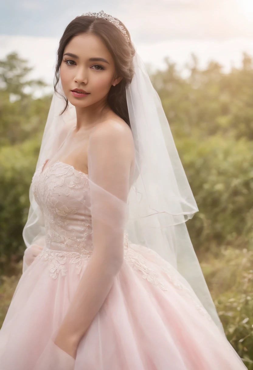 (Full body photograph of 1 filipina girl dressed as a bride with large transparent veil and pink color dress + suave e delicado + cabelos loiros)+(Vestido longo em cores brilhantes, Luz brilhante, Cabelo loiro longo e liso + Olhos brilhantes e acolhedores)+(pink petals + Brisa suave + with blue sky and white clouds + Bosques verdes e floridos)