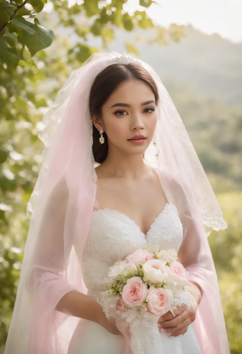 (Full body photograph of 1 filipina girl dressed as a bride with large transparent veil and pink color dress + suave e delicado + cabelos loiros)+(Vestido longo em cores brilhantes, Luz brilhante, Cabelo loiro longo e liso + Olhos brilhantes e acolhedores)+(pink petals + Brisa suave + with blue sky and white clouds + Bosques verdes e floridos)