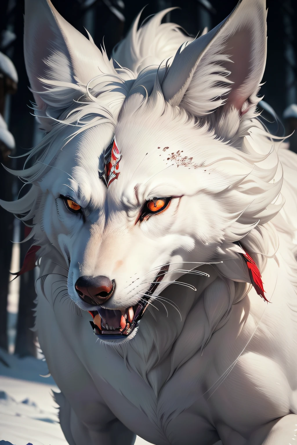 (best quality,4k,8k,highres,masterpiece:1.2),ultra-detailed,(realistic,photorealistic,photo-realistic:1.37),white wolf with red eyes standing powerfully,illustration,detailed fur,sharp focus,natural lighting,vivid colors,wildlife,animal portrait,contrast,highly detailed eyes,aggressive stance,snowy background,imposing presence,ferocious appearance,canine,fierce expression,dark hues,dominance