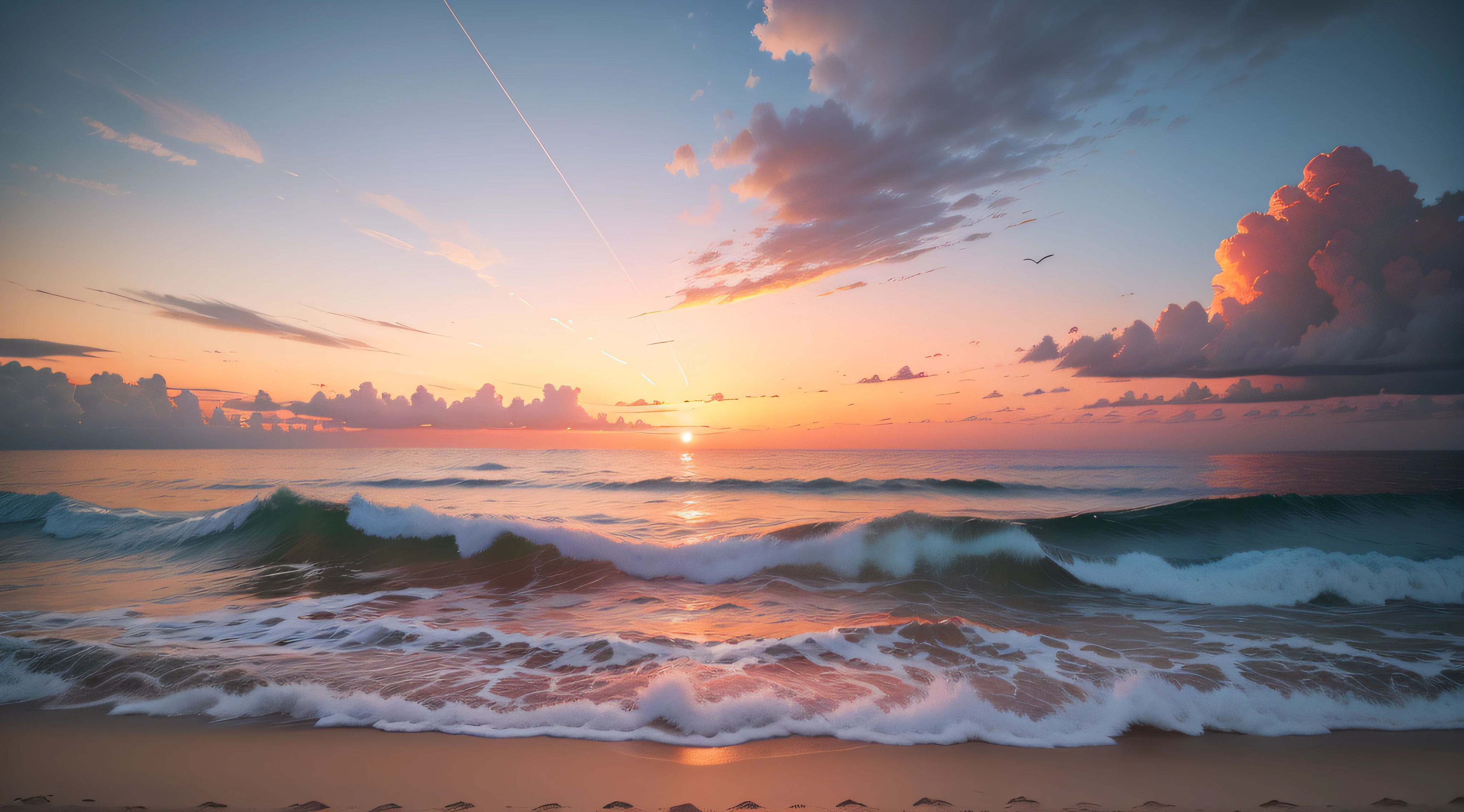 An absolutely mesmerizing sunset on the beach, with a mix of orange, pink, and yellow in the sky. The water is crystal clear, gently kisses the coast, and the white sand is endless. The scene is dynamic and breathtaking, with seagulls soaring high in the sky and palm trees swaying softly. Immerse yourself in the calm atmosphere and let the serenity surround you.