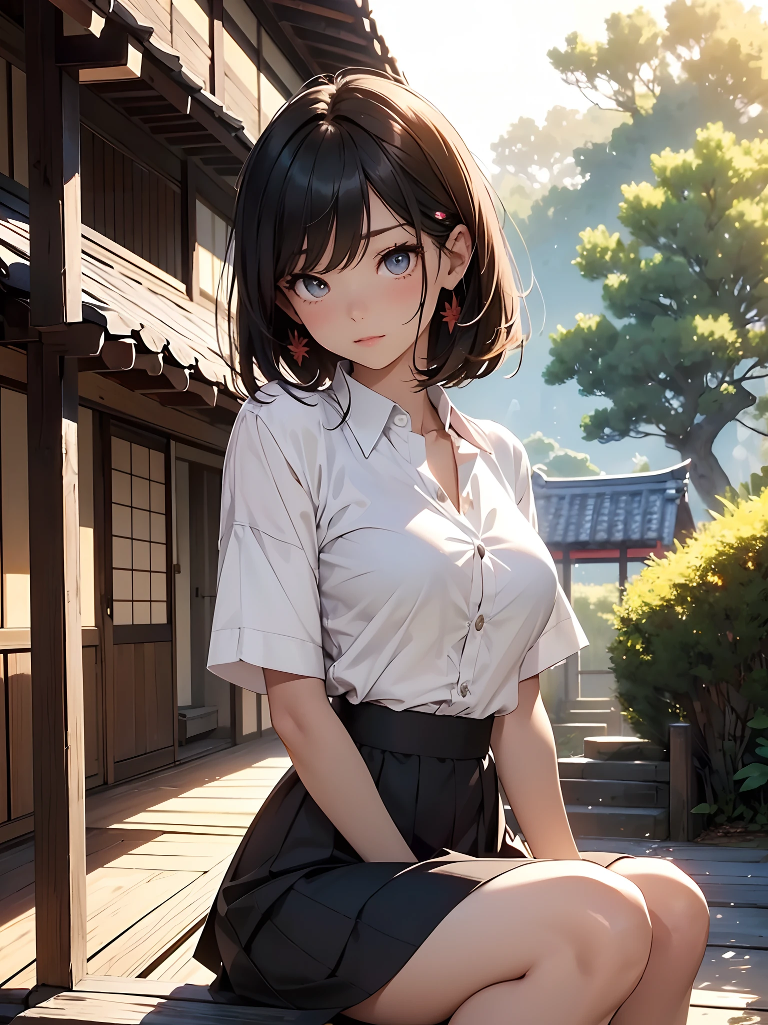 masterpiece, top-quality, The ultra -The high-definition, Top resolution, ighly detailed, profetional lighting, Orange Light Lighting、Back lighting、nostalgic、Wooden warehouse、Landscape with Japan wooden house、Sitting on the porch、Ancient Minjia、pine trees、Plants、Beautiful Japan garden、The bright red sunset is beautiful、steam、myst、White sigh、Full Body Pose、Girl blends into the landscape、Sitting on a chair、Beautuful Women, a small face、de pele branca、a very cute, 、(A detailed eye、Bright pupils、Gradient Eyes:1、finely detailed beautiful eye:1、Symmetrical eyes:1、big highlight on eyes:1.2)、detailed hairs、Brown eyes)、breasts are medium in size、(Black-brown hair、Short hair、Short)、(Short sleeve cutter shirt、White button shirt、The chest of the shirt is wide open)、thin and long legs、Beautiful hip line、Beautiful spine、constricted back、Toned waist、Black underwear、JK Black Skirt 、pleatedskirt、Hip line emphasis、Black socks、Brown eyes,The face is a little red, beutiful breast、Breast is an A cup、Shoes are loafers、long hair split edges) 、(Round face: 1.4)