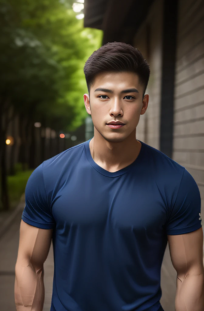 Man in his 20s poses for a photo, Wear a navy shirt.................., high-res, master-piece, bestquality, head:1.3,((Hasselblad photography)), finely detailed skin, crisp focus, (Cinematic lighting), nighttime, gentle lighting, dynamic angle, [:(detailed face:1.2):0.2],(((exercise))), outside