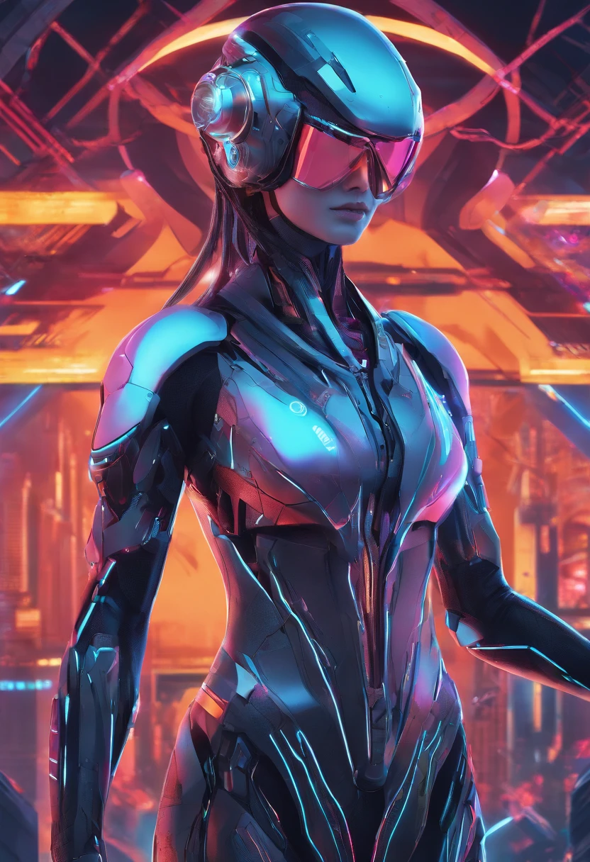 (female Protogen),cyberpunk,mechanical,glowing eyes,metallic surface,digital display,advanced technology,futuristic,neon lights,electromagnetic field,sharp edges,streamlined design,digital organism,biomechanical,mysterious atmosphere,glass visor,enhanced senses,energetic pose,invisible circuits,holographic projections,colorful wires,female cyborg