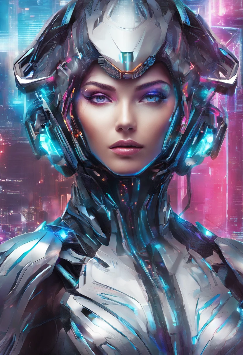 (female Protogen),cyberpunk,mechanical,glowing eyes,metallic surface,digital display,advanced technology,futuristic,neon lights,electromagnetic field,sharp edges,streamlined design,digital organism,biomechanical,mysterious atmosphere,glass visor,enhanced senses,energetic pose,invisible circuits,holographic projections,colorful wires,female cyborg