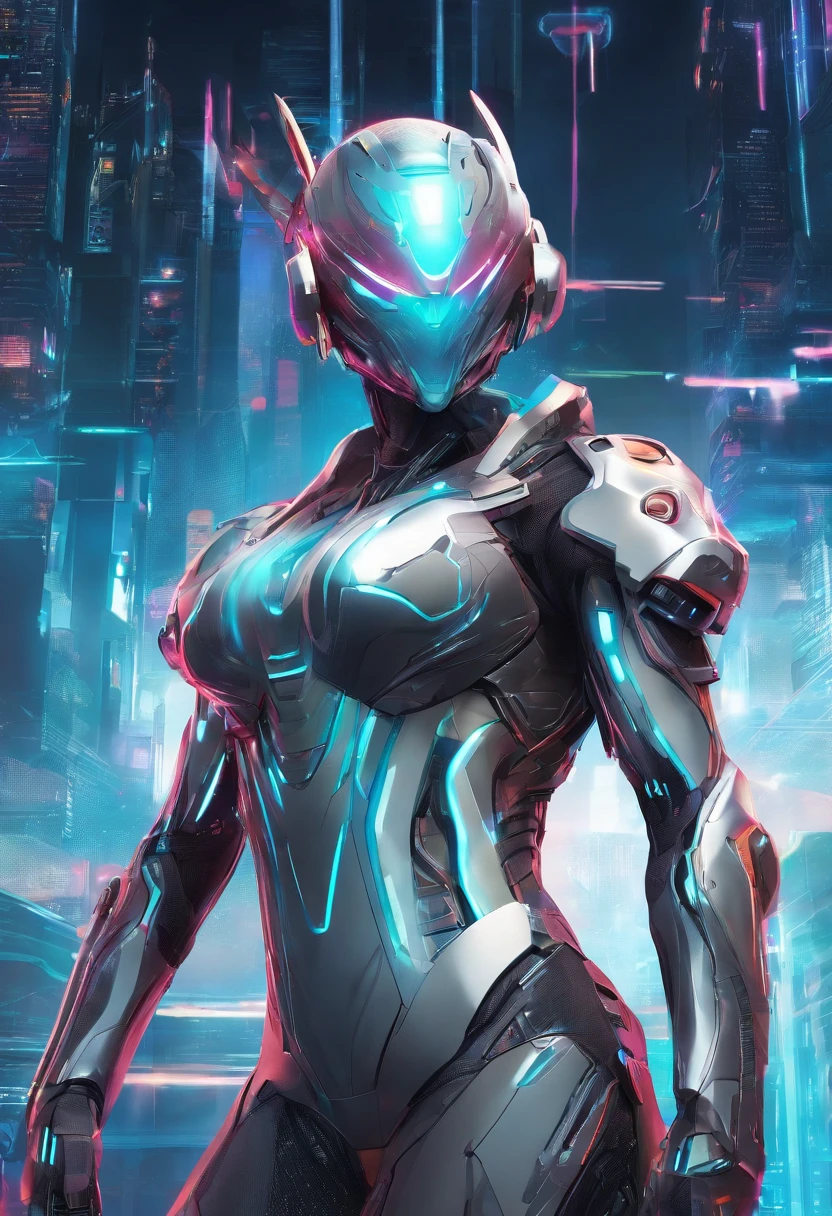 (female Protogen),cyberpunk,mechanical,glowing eyes,metallic surface,digital display,advanced technology,futuristic,neon lights,electromagnetic field,sharp edges,streamlined design,digital organism,biomechanical,mysterious atmosphere,glass visor,enhanced senses,energetic pose,invisible circuits,holographic projections,colorful wires,female cyborg