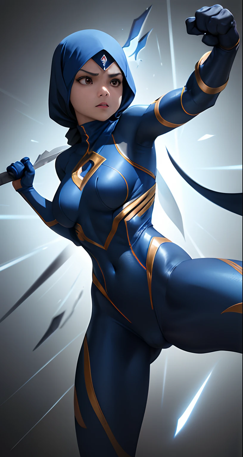 Compose a striking photography artwork featuring a Malay girl in hijab dressed as a superhero, blue superhero costume, wielding a blade as her weapon, caught in an intense and dynamic fighting action pose. Utilize dramatic lighting and high-speed photography techniques to freeze the action and highlight the details of her costume and blade. Incorporate a backdrop that conveys the urgency of the battle, with elements that enhance the heroic ambiance. Capture the strength and determination in her expression, emphasizing the empowerment and courage of this modern-day superheroine