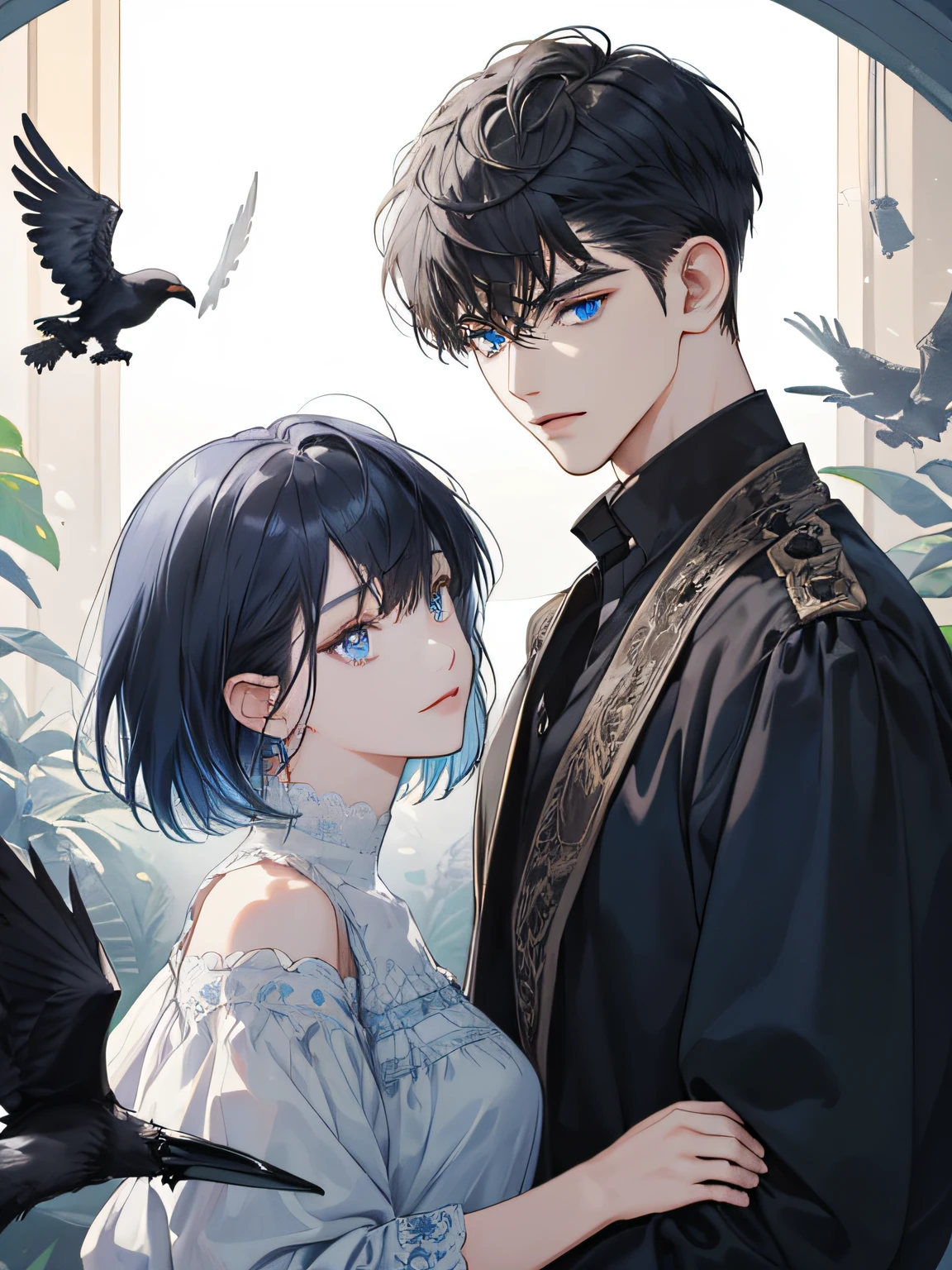 (extreamly delicate and beautiful:1.2), 8K, (tmasterpiece, best:1.0), One mature male (short black Quiff hair with Soft Fringe, (bangs part on side 3:7 ratio)) (blue eyes), One mature female (short raven hair with fringe) (blue eyes), Upper body shot, 1 male 1 female, height different.