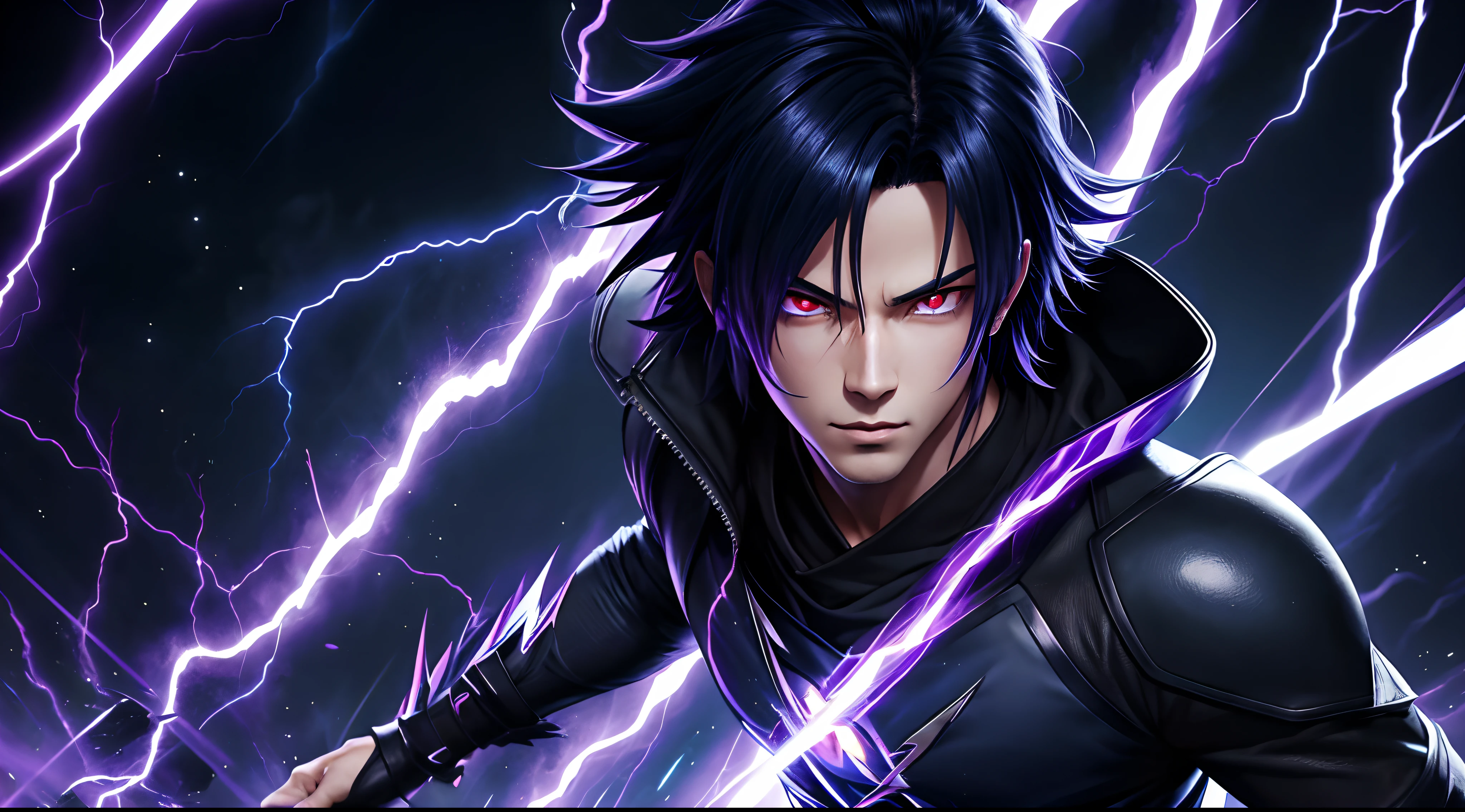 portrait of sexy handsome boy Sasuke with lightning blue purple background, solo, perfect rendering, fiery red eyes, clean face without accessories, perfect body, glowing black aura, evil aura evil, 8k anime, epic anime style, menacing aura, dark aura, glowing power aura, bright and flourishing cosmic power, multiple lightning bolts around the character