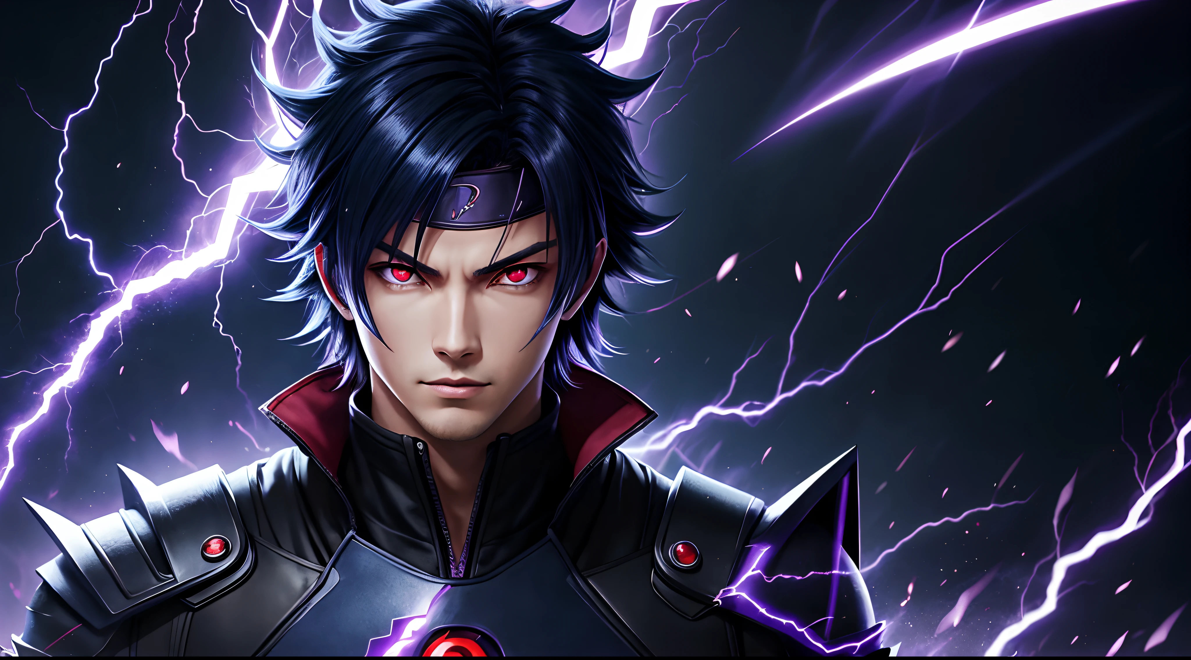 portrait of sexy handsome boy Sasuke with lightning blue purple background, solo, perfect rendering, fiery red eyes, clean face without accessories, perfect body, glowing black aura, evil aura evil, 8k anime, epic anime style, menacing aura, dark aura, glowing power aura, bright and flourishing cosmic power, multiple lightning bolts around the character