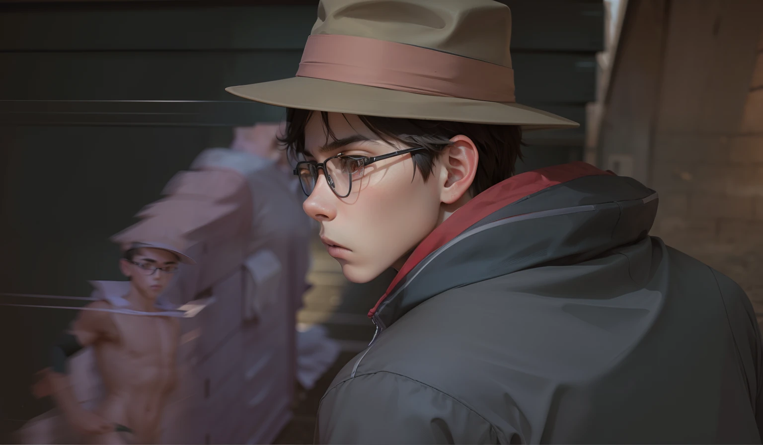 a boy,wearing hat, wearing glasses, running, serious face