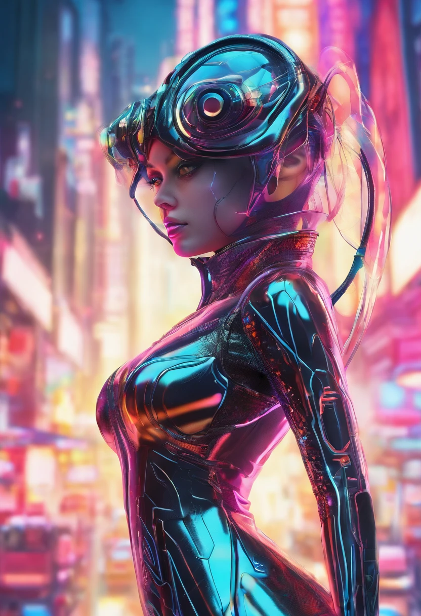 (female Protogen),cyberpunk,mechanical,glowing eyes,metallic surface,digital display,advanced technology,futuristic,neon lights,electromagnetic field,sharp edges,streamlined design,digital organism,biomechanical,mysterious atmosphere,glass visor,enhanced senses,energetic pose,invisible circuits,holographic projections,colorful wires,female cyborg