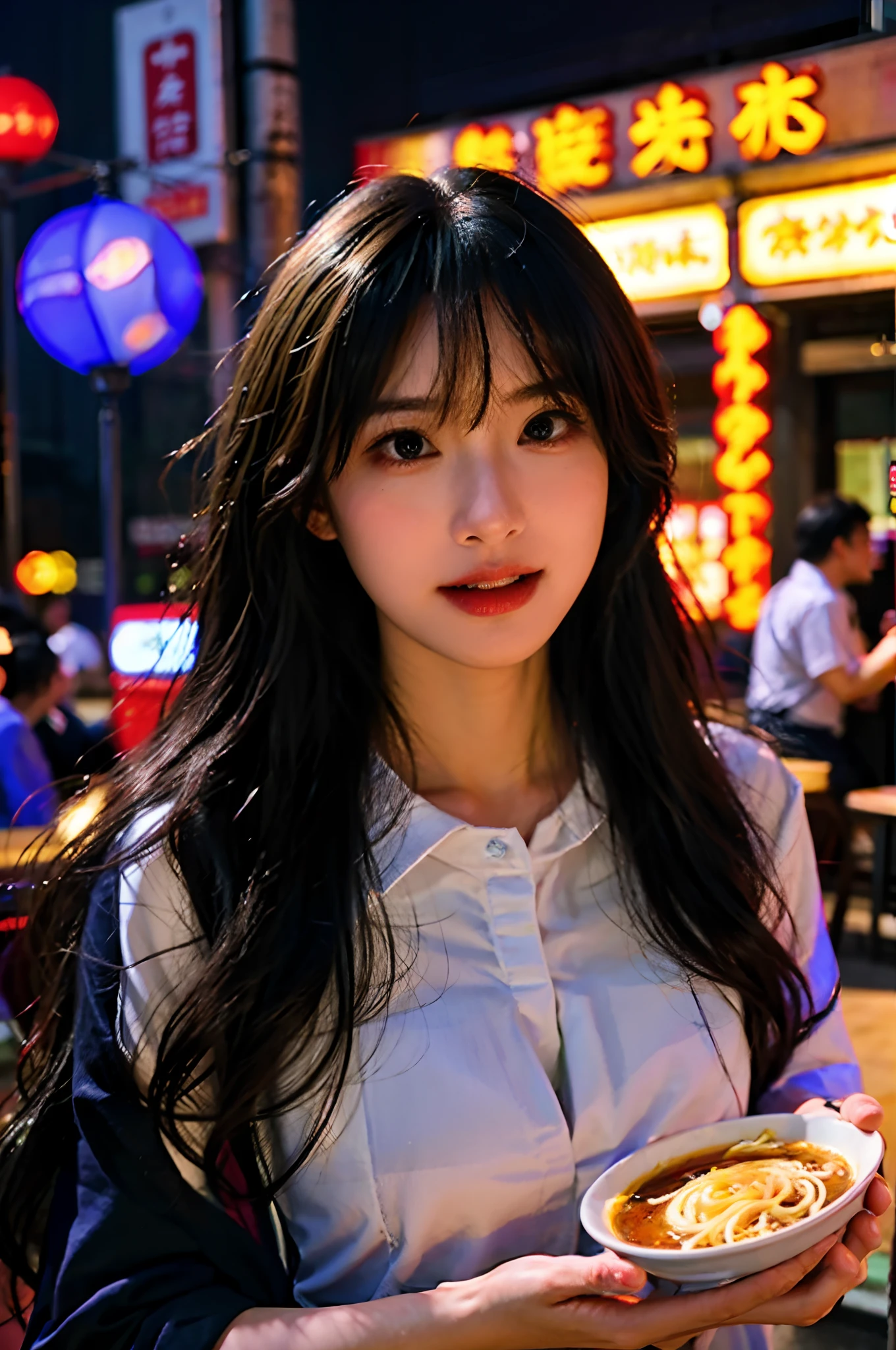 (masterpiece), best quality, ultra high res, close up, slim body, 1girl,school uniform, long hair, laughing, ramen, night, Tokyo restaurant background, colorful lights, photon mapping, radiosity, physically-based rendering, cinematic lighting, intricate, High Detail, Sharp focus, dramatic, photorealistic