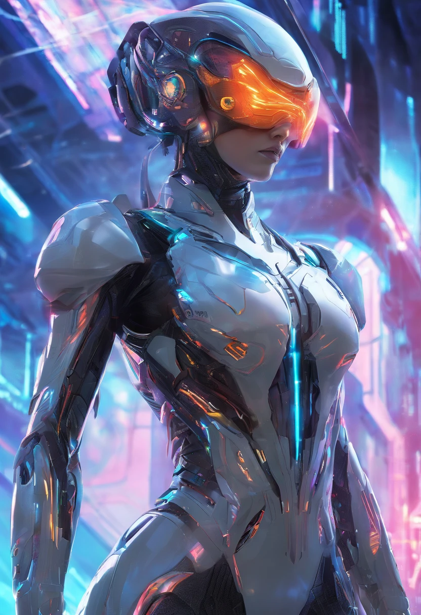 (female Protogen),cyberpunk,mechanical,glowing eyes,metallic surface,digital display,advanced technology,futuristic,neon lights,electromagnetic field,sharp edges,streamlined design,digital organism,biomechanical,mysterious atmosphere,glass visor,enhanced senses,energetic pose,invisible circuits,holographic projections,colorful wires,female cyborg