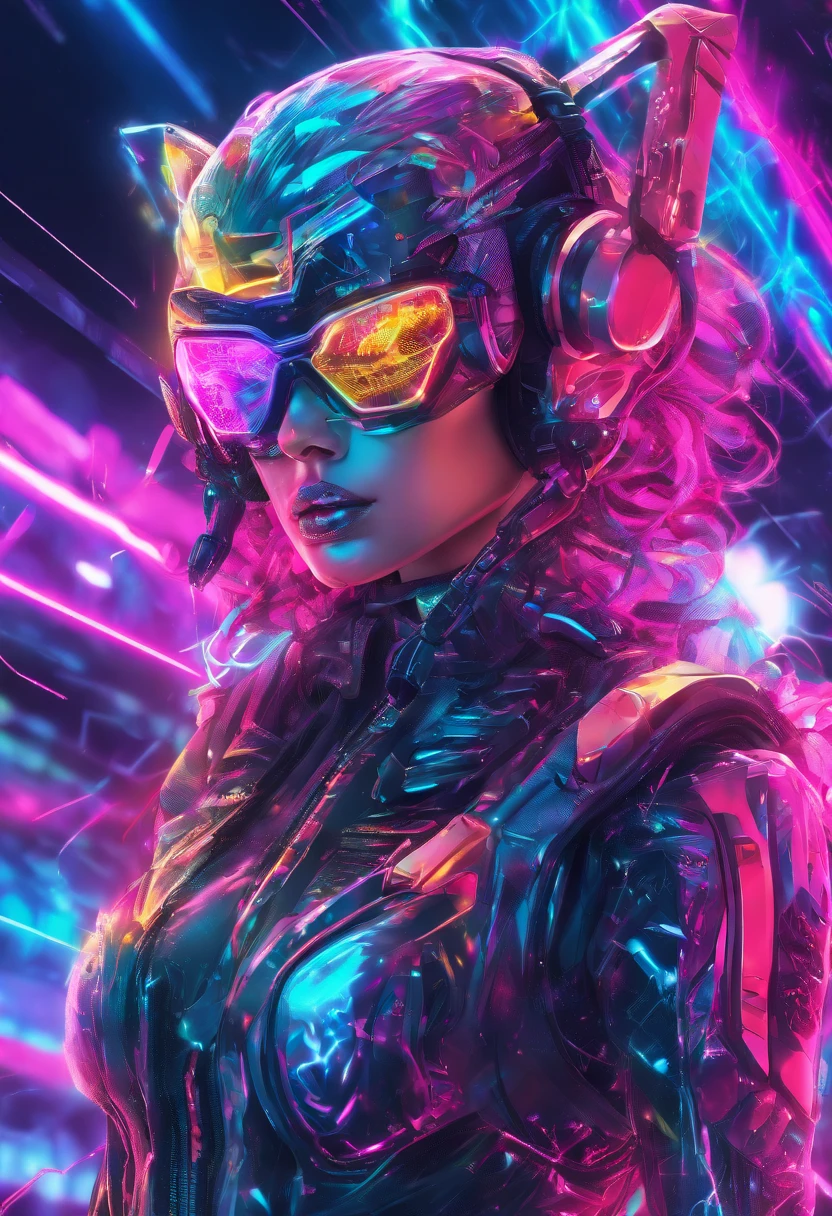 (female Protogen),cyberpunk,mechanical,glowing eyes,metallic surface,digital display,advanced technology,futuristic,neon lights,electromagnetic field,sharp edges,streamlined design,digital organism,biomechanical,mysterious atmosphere,glass visor,enhanced senses,energetic pose,invisible circuits,holographic projections,colorful wires,female cyborg