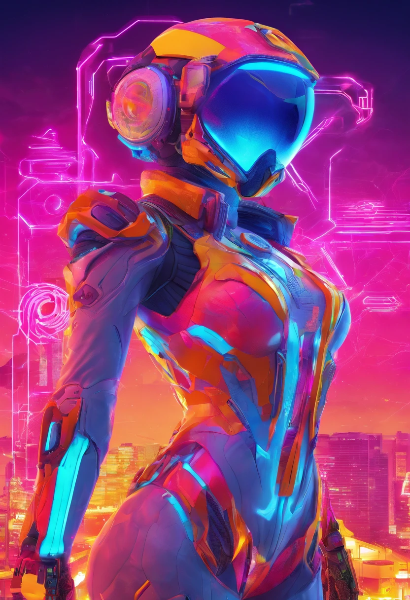 (female Protogen),cyberpunk,mechanical,glowing eyes,metallic surface,digital display,advanced technology,futuristic,neon lights,electromagnetic field,sharp edges,streamlined design,digital organism,biomechanical,mysterious atmosphere,glass visor,enhanced senses,energetic pose,invisible circuits,holographic projections,colorful wires,female cyborg