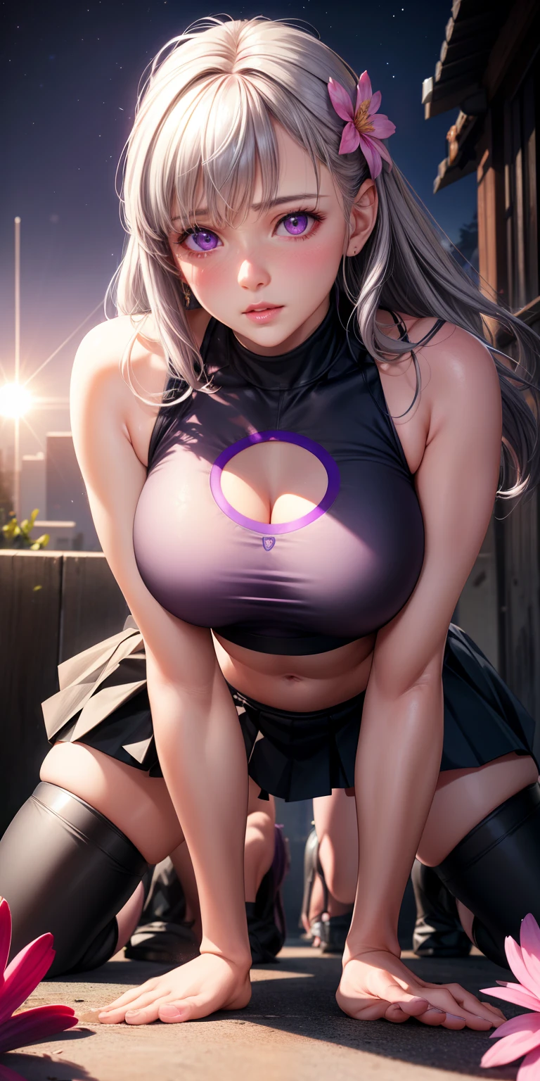 realistic, girl single, gray hair, purple eyes, glowing eyes, crop top, skirt, parted lips, blush, night, flower, sun, sunlight, all fours