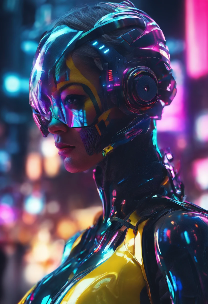 (female Protogen),cyberpunk,mechanical,glowing eyes,metallic surface,digital display,advanced technology,futuristic,neon lights,electromagnetic field,sharp edges,streamlined design,digital organism,biomechanical,mysterious atmosphere,glass visor,enhanced senses,energetic pose,invisible circuits,holographic projections,colorful wires,female cyborg