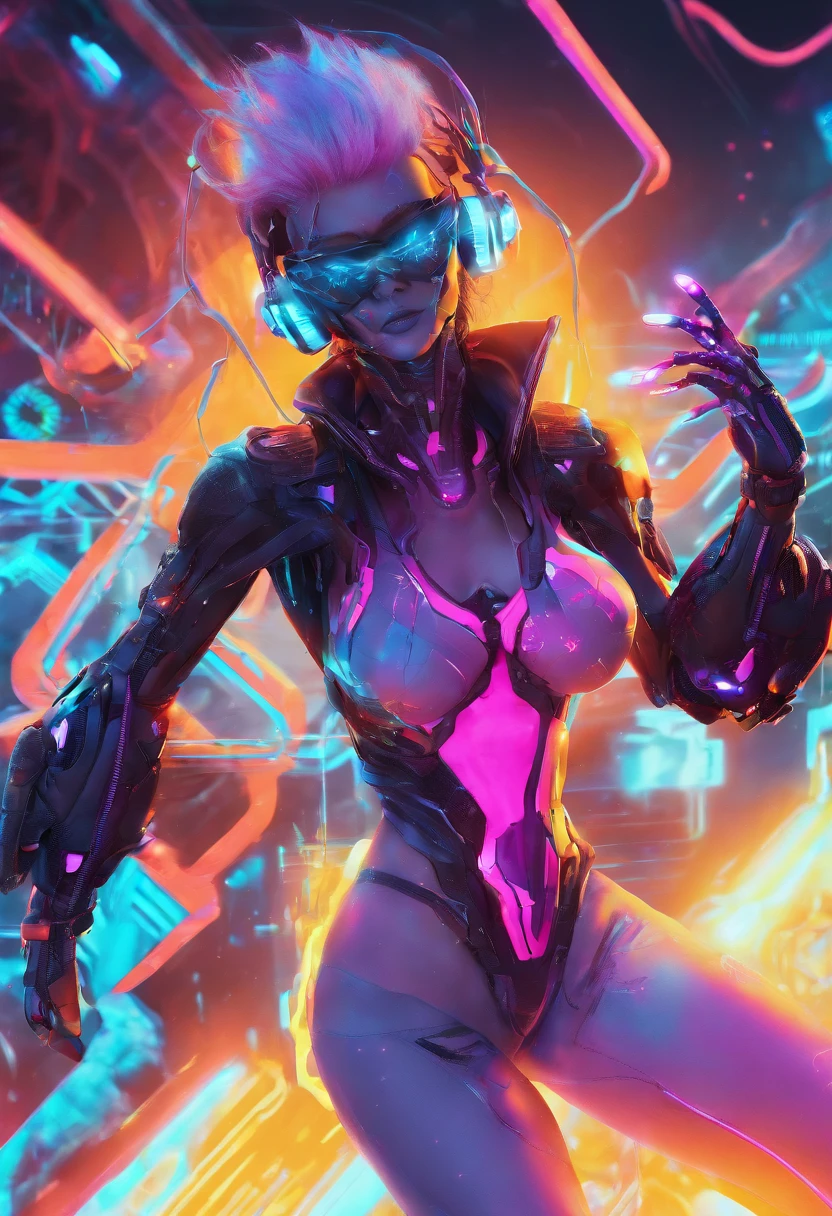(female Protogen),cyberpunk,mechanical,glowing eyes,metallic surface,digital display,advanced technology,futuristic,neon lights,electromagnetic field,sharp edges,streamlined design,digital organism,biomechanical,mysterious atmosphere,glass visor,enhanced senses,energetic pose,invisible circuits,holographic projections,colorful wires,female cyborg