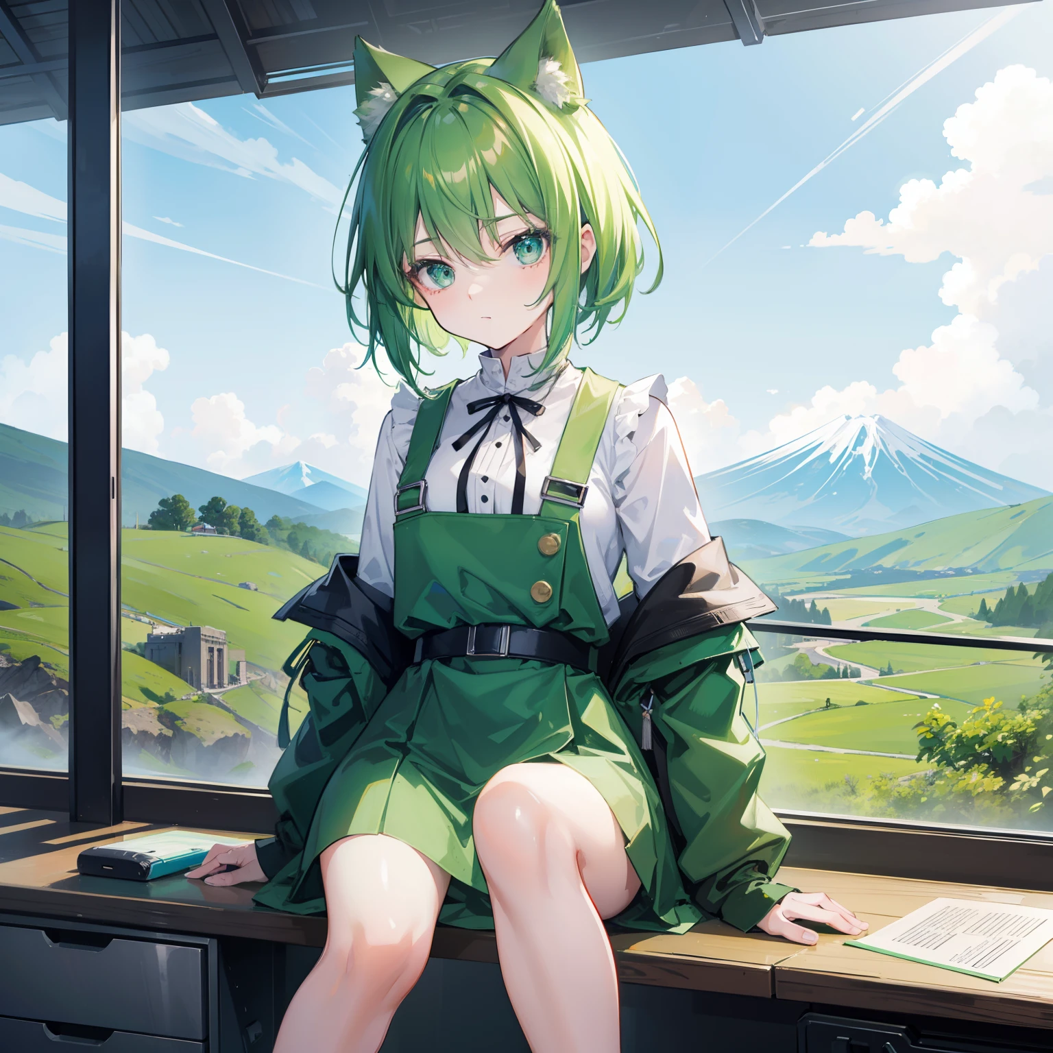 (High quality hd)Animating girl with green hair and eyes , sitting on a desk , wearing tomboy outfits , on top of mountain Fuji
