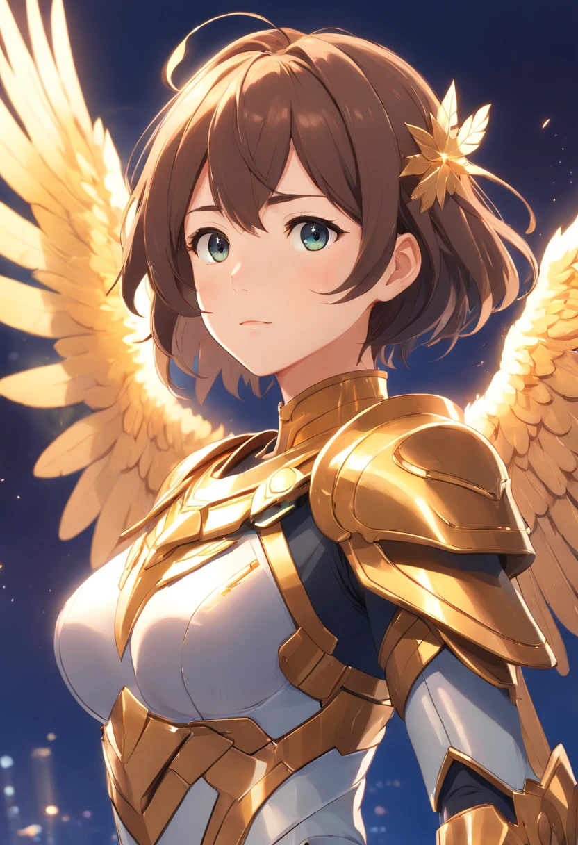 Close-up of a woman with very large breasts and wings, angelic golden armor, Anime goddess, angel knight girl, Goddess. Extremely high detail, as a mystical valkyrie, 8K high quality detailed art, knights of zodiac girl, 2. 5 D CGI anime fantasy artwork, extremely detailed goddess shot, angel in plastic armor, ArtStation masterpiece