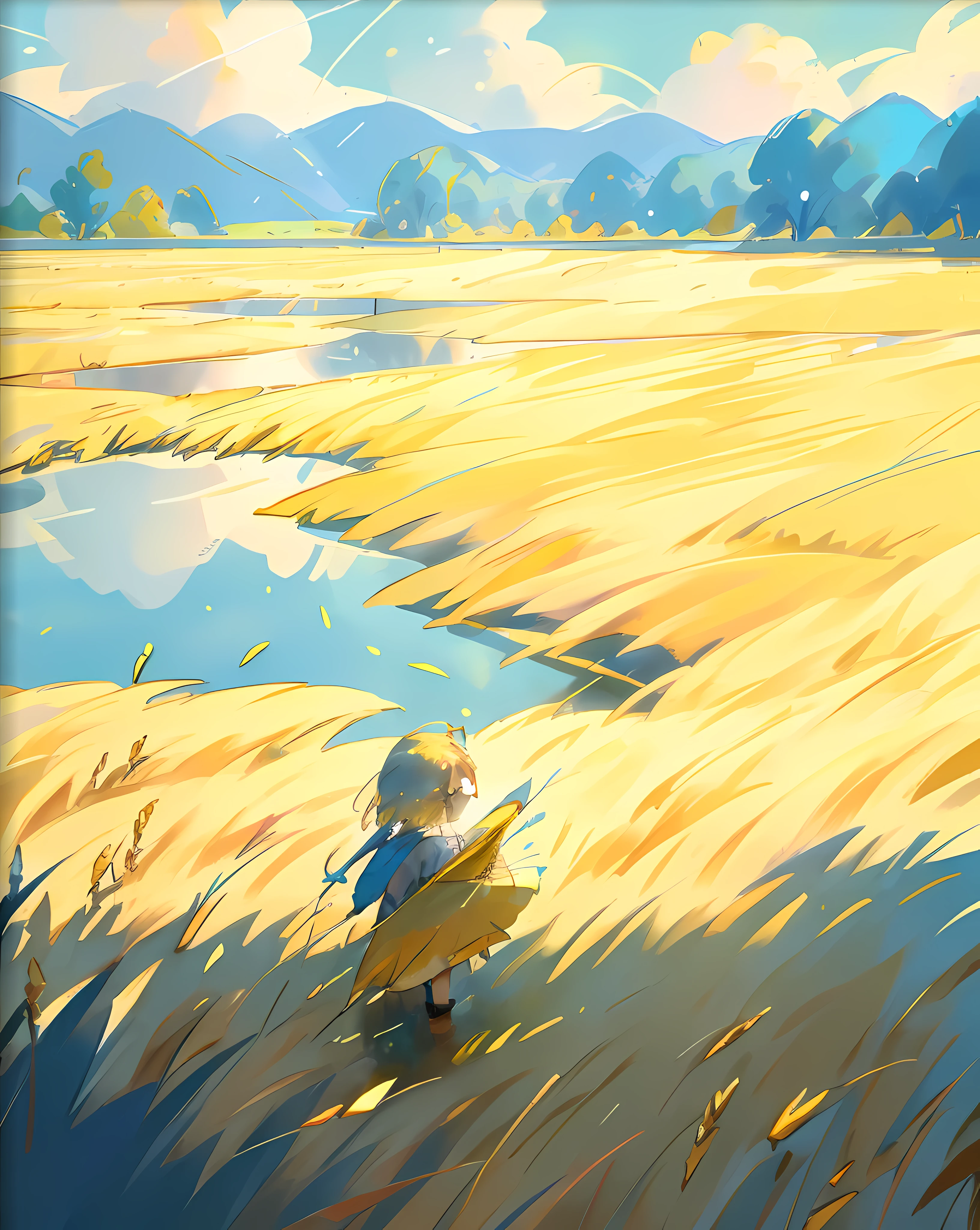 By the lake, a group of children are playing happily and splashing water. A lush forest surrounds a tranquil lake with sparkling water reflecting the blue sky and white clouds. Families picnicking in the shade and enjoying the summer. In the distance, the golden wheat fields sway with the wind, like a golden ocean. Farmers are harvesting crops and celebrating the harvest season. On the other side of the field, some young people are flying kites, and the colorful kites are dancing in the blue sky,bird's eyes view