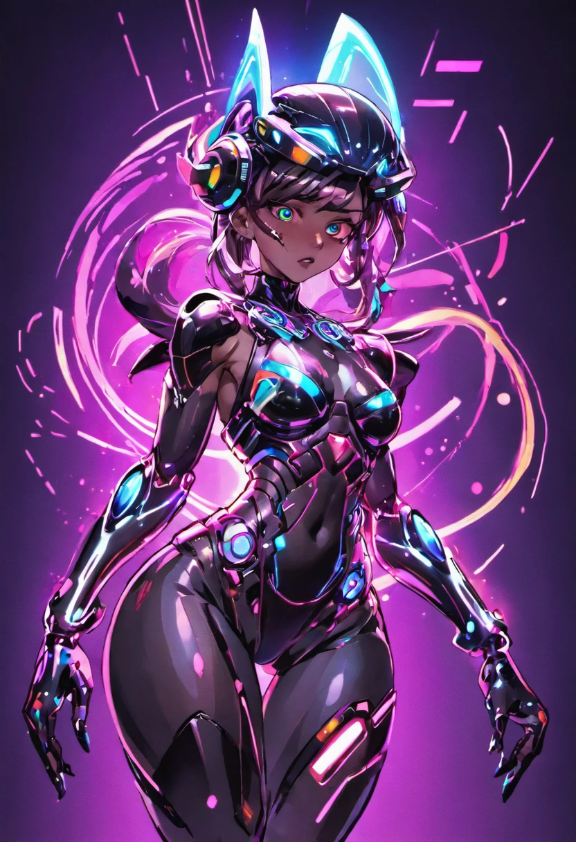 (female Protogen),cyberpunk,mechanical,glowing eyes,metallic surface,digital display,advanced technology,futuristic,neon lights,electromagnetic field,sharp edges,streamlined design,digital organism,biomechanical,mysterious atmosphere,glass visor,enhanced senses,energetic pose,invisible circuits,holographic projections,colorful wires,female cyborg