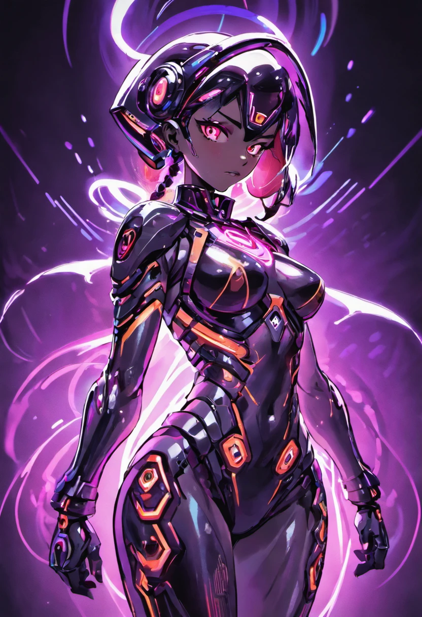 (female Protogen),cyberpunk,mechanical,glowing eyes,metallic surface,digital display,advanced technology,futuristic,neon lights,electromagnetic field,sharp edges,streamlined design,digital organism,biomechanical,mysterious atmosphere,glass visor,enhanced senses,energetic pose,invisible circuits,holographic projections,colorful wires,female cyborg