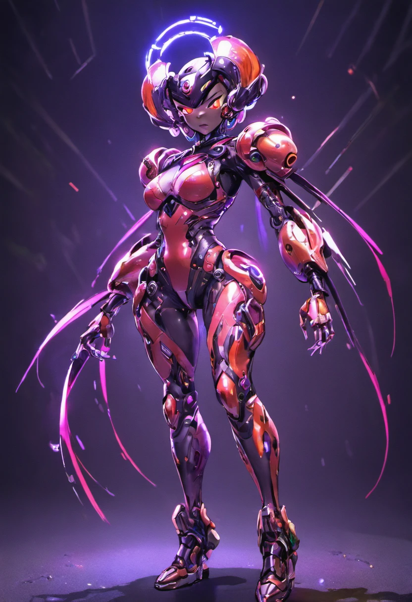 (female Protogen),cyberpunk,mechanical,glowing eyes,metallic surface,digital display,advanced technology,futuristic,neon lights,electromagnetic field,sharp edges,streamlined design,digital organism,biomechanical,mysterious atmosphere,glass visor,enhanced senses,energetic pose,invisible circuits,holographic projections,colorful wires,female cyborg