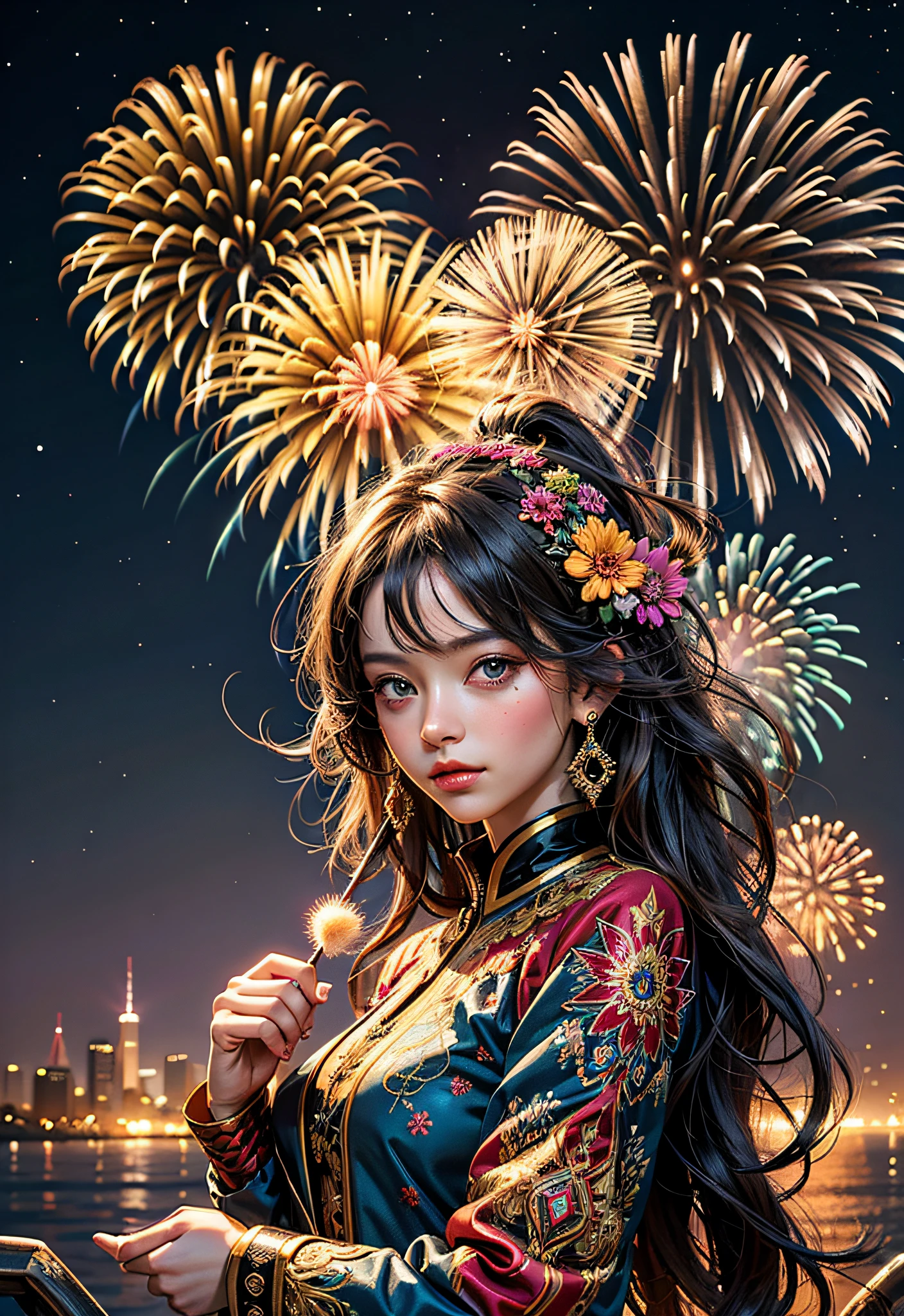 （tmasterpiece，top Quority，best qualtiy，offcial art，Beauty and aesthetics：1.2），（1girl），Extremely detailed，（s fractal art：1.3），extremely colorful，Most detailed，Fireworks explode in the sky , The fireworks are huge，Spectacular fireworks display.