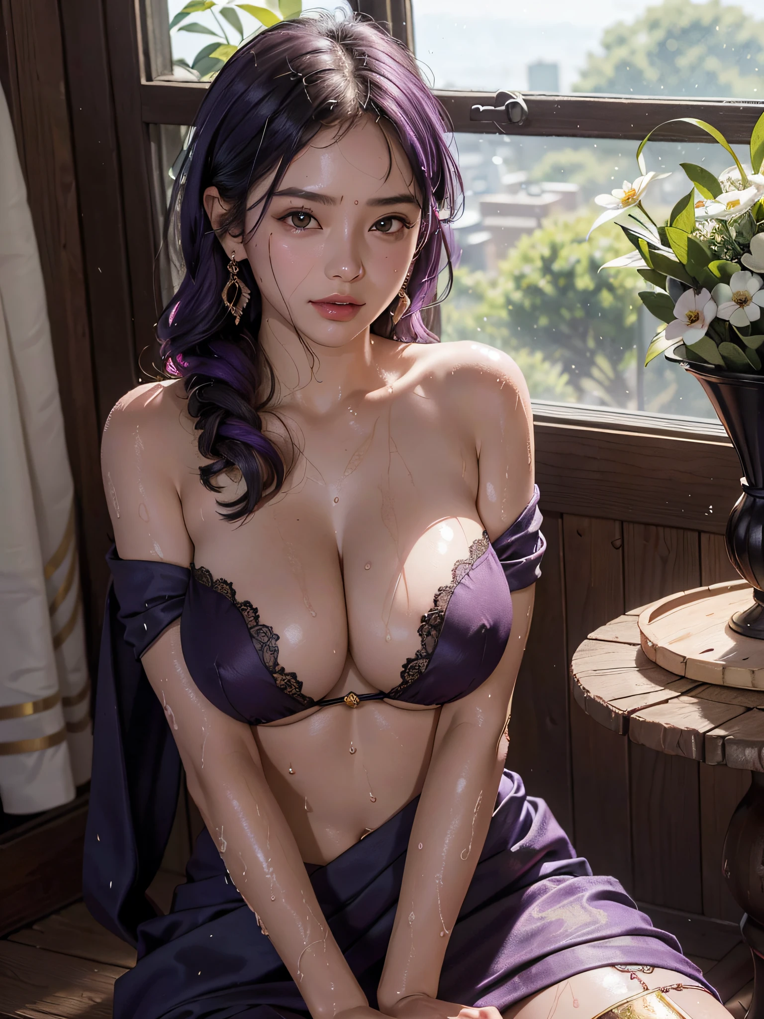 8k、RAW Photos、top-quality、​masterpiece:1.2)、(realisitic、Photorealsitic:1.37)、1girl in、japanese、25-years old、female、(deep in the night)、Sunlight、a room,Day cityscape seen fron the window、Studio Lighting、face lights、photon maping、Radio City、Purple hair、Detailed face、Detailed lips、detailedeyes、More skin、Double eyelids、(huge round tit:1.3)、(Sari and blouse,nepal)、(Sari)、(Wearing Sari)、(((no brassiere)))、Exposed cleavage、exposed shoulder、Thigh exposure、(cammel toe)、perfectbody、shinny skin、(Body wet with sweat:1.2)、smirking face、((Sit up))、cowboy shot、Make eye contact with the camera,background camera lens blur,depth of field,35 m